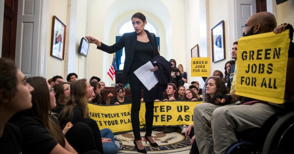 01-05-19 Green New Deal protesters and AOC-NYT via Common Dreams